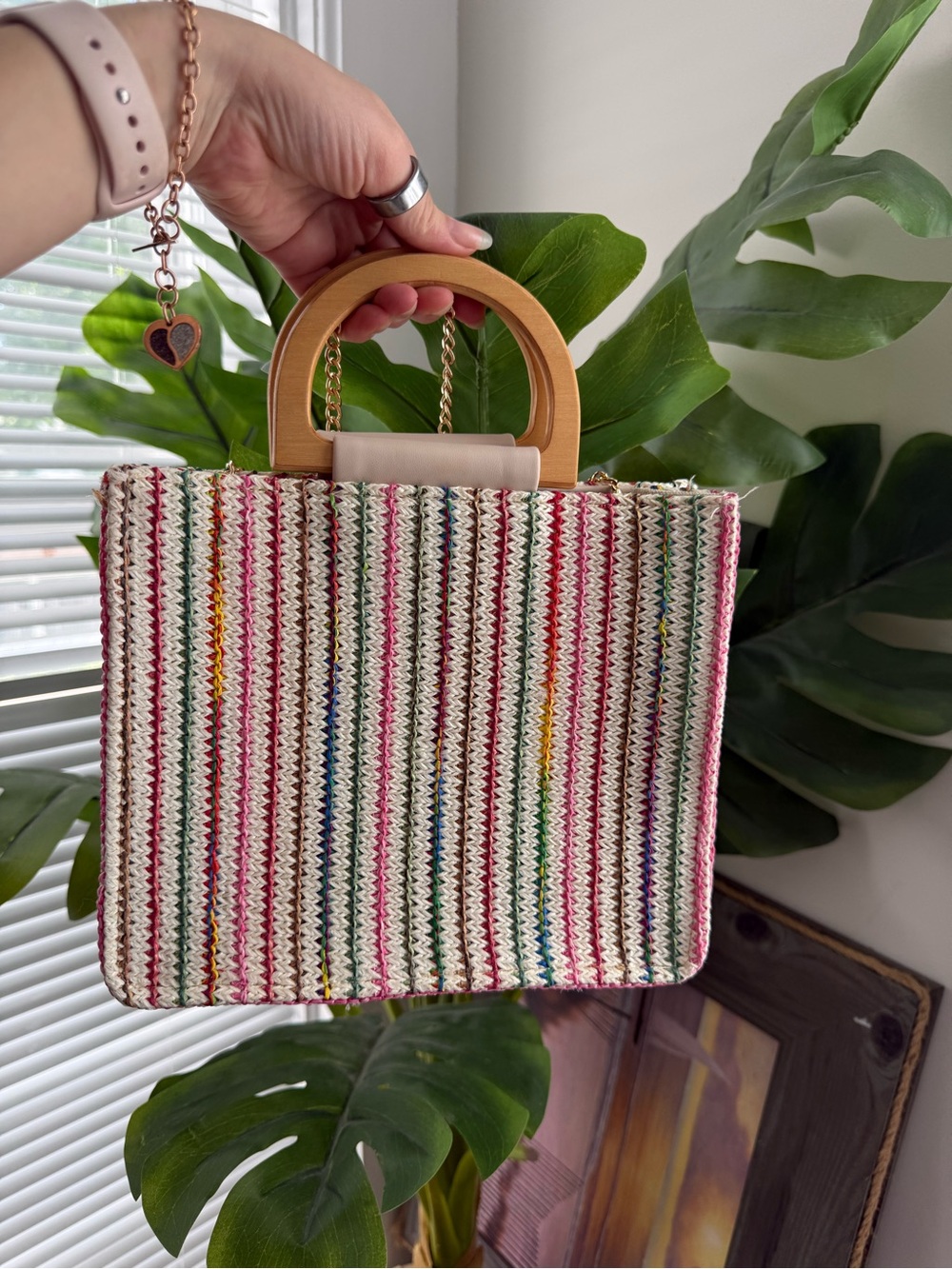Woven Multicolor Straw Tote with Wooden Handle